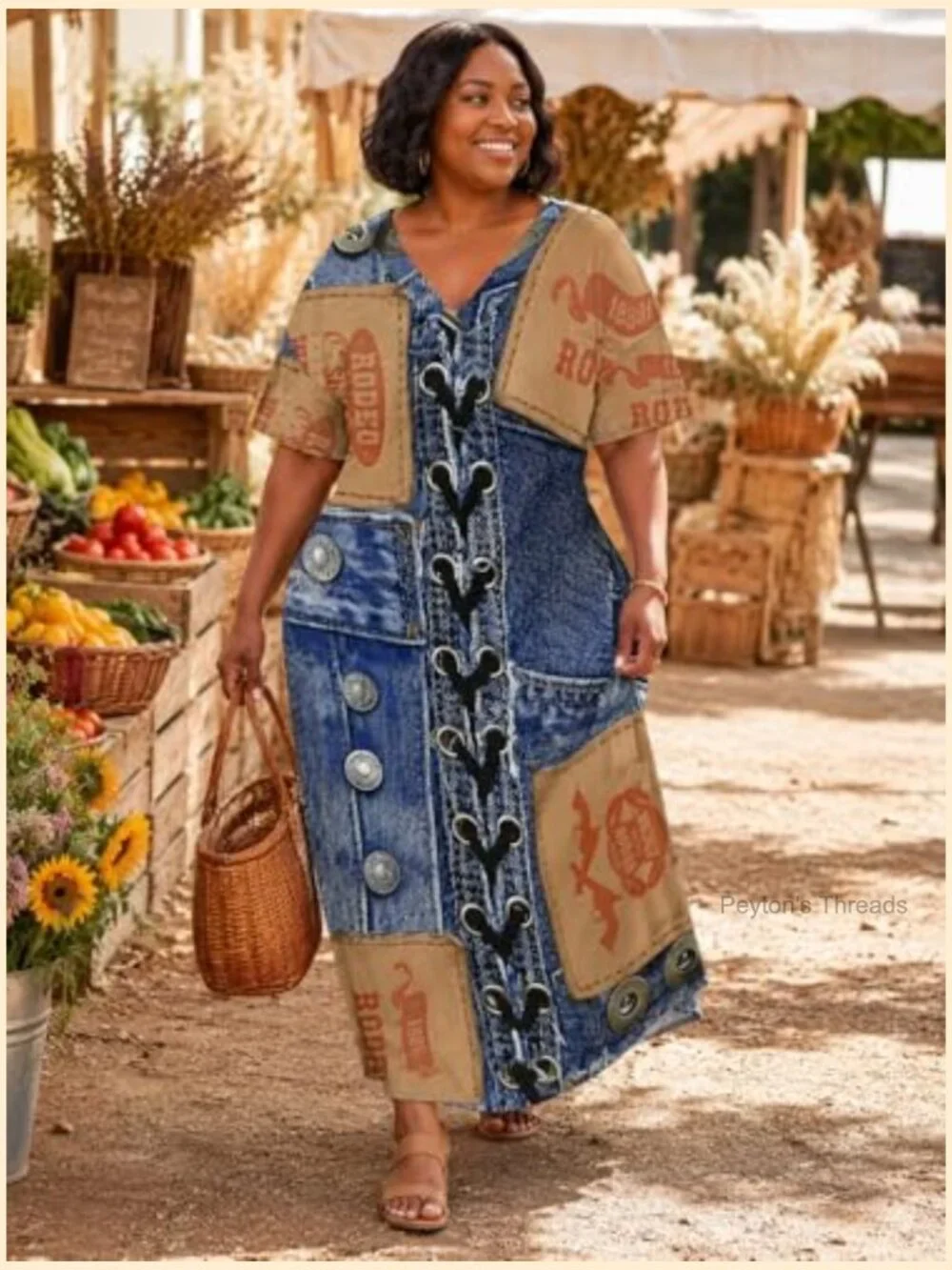 Plus Size Denim Print Maxi Dress V Neck Short Sleeve with Pockets - Picture 3 of 7